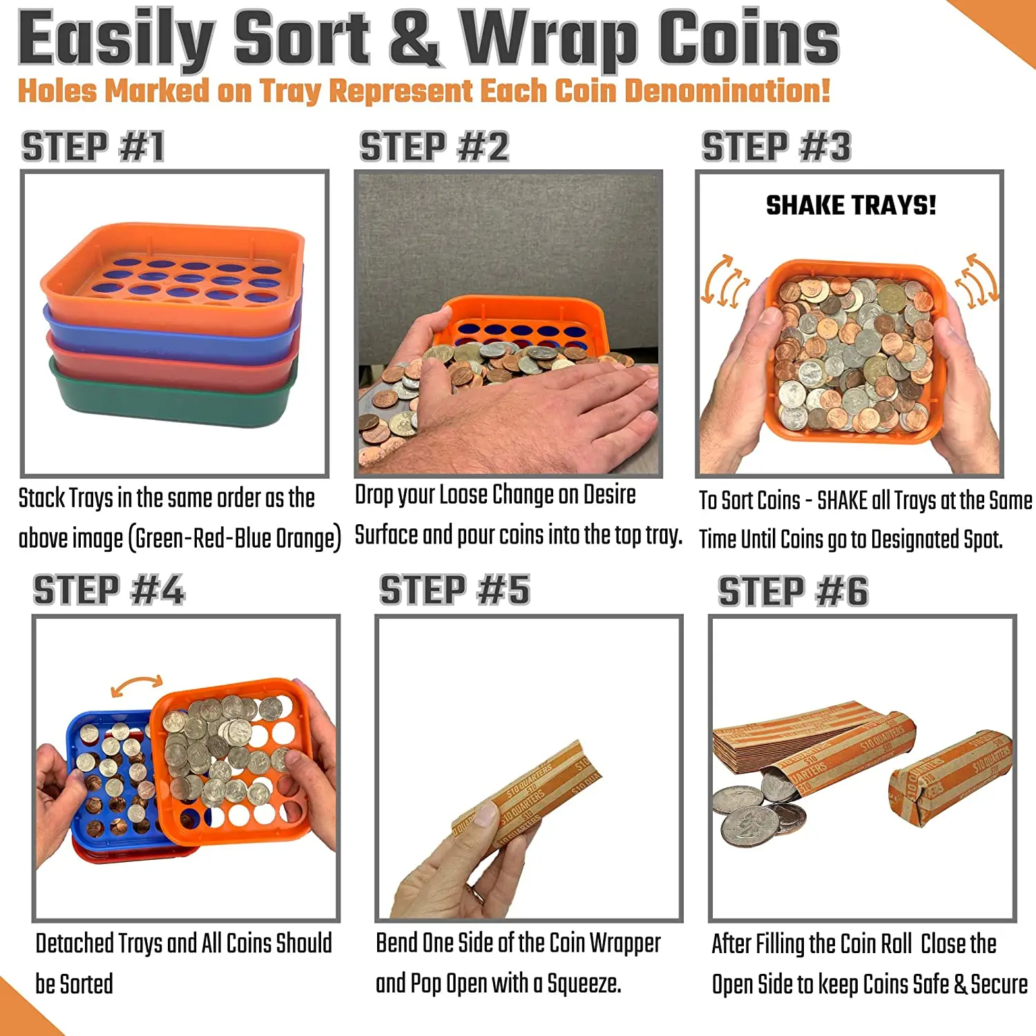 IHOMELIFE Coin Sorters Tray Easily Transfer into Wrappers 4 Coin-Counting Tubes bundled with 100 Flat Coin Wrappers