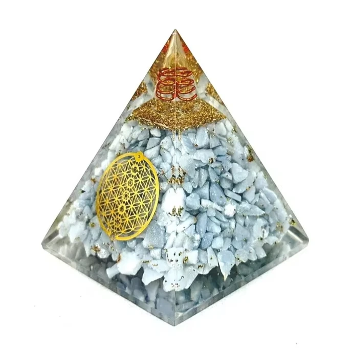 Customized Angelite 80MM Orgone Pyramid With Flower OF Life Sign And Clear Quartz Point Blue Angelite Orgonite Nubian Pyramid