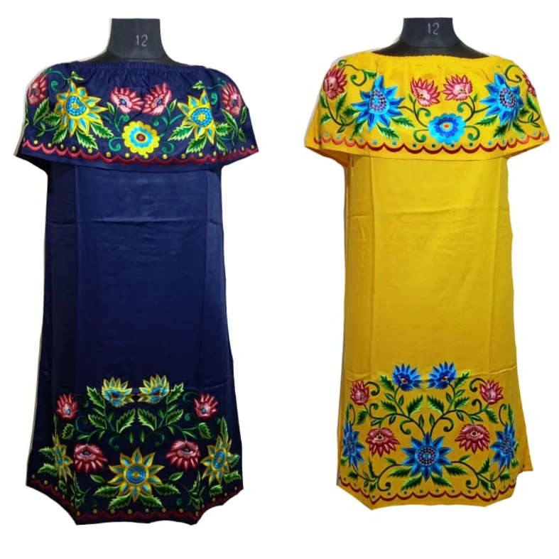 Indian Boho Traditional T-Shirt type dress black color flower printed women mexican rayon embroidery plain dress for ladies