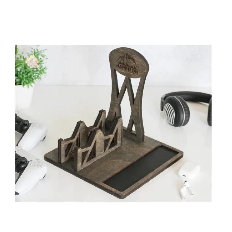 wood natural Controller Stand and Headphone Holder GiftGame Room Decor