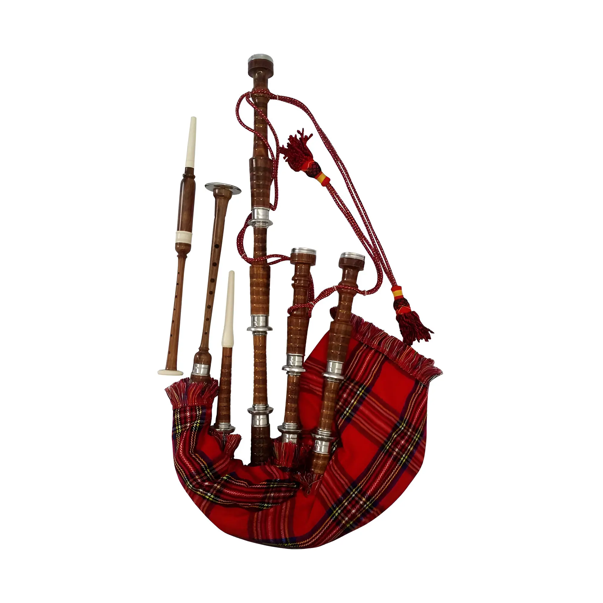 Scottish Bagpipe Rosewood Royal Stewart Tartan Natural Color with Silver Plain Mounts Free Tutor Book, Carrying Bag, Drone Reeds