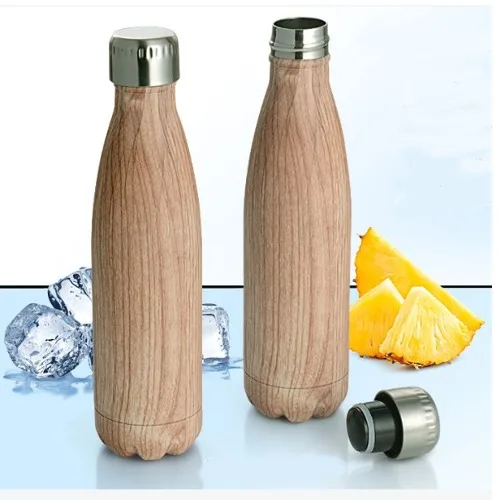 New Design Eco Friendly 500ml 750ml 1000ml Single Wall Wooden Flask Stainless Steel Water Bottle with Custom Logo