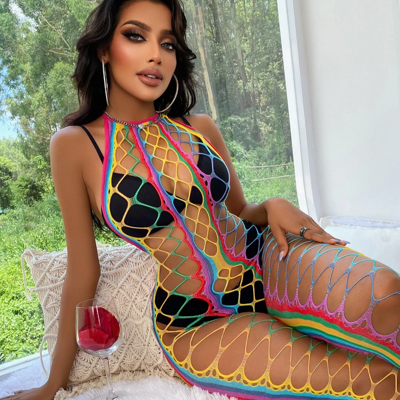 Exotic Pole Dance Wear Wholesale Exotic Performance Wear One Piece Sexy Stripper Outfit Rainbow Fishnet Women Exotic Dancewear