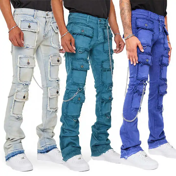 High Quality Men Denim Cargo Jeanes Pants Fashion Custom Logo Winter and Summer Streetwear Blue Slim OEM Stacked Jeanes Men