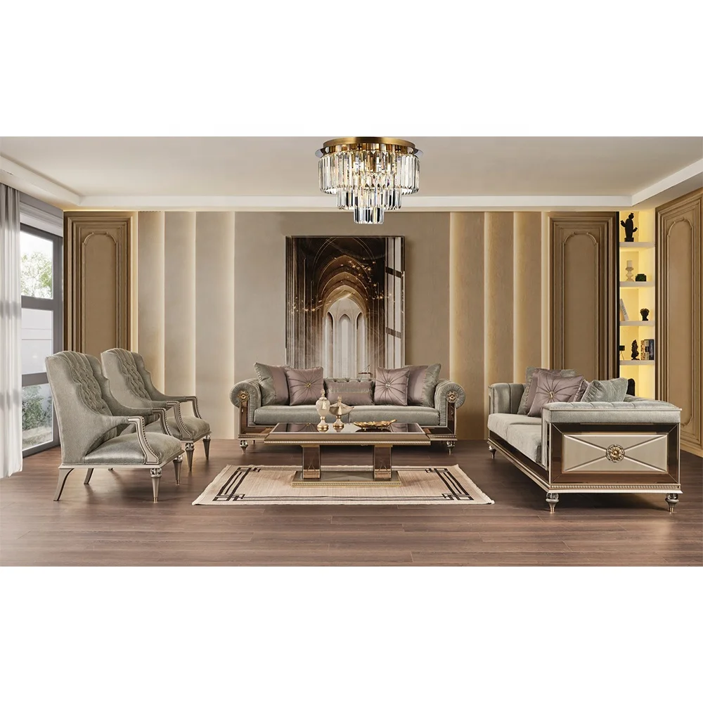 Italian Modern Luxury European Glossy Sofa Set Bronze Gold Metal Mirror Satene Cleanable High Quality Fabric Turkish Furniture