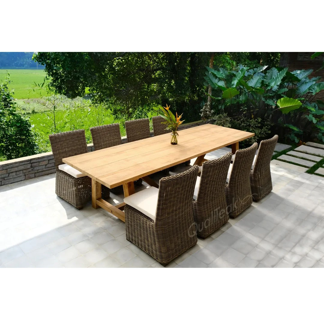 Best Quality All Weather Teakwood and Rattan Outdoor Dinning Furniture Set for Outside Use