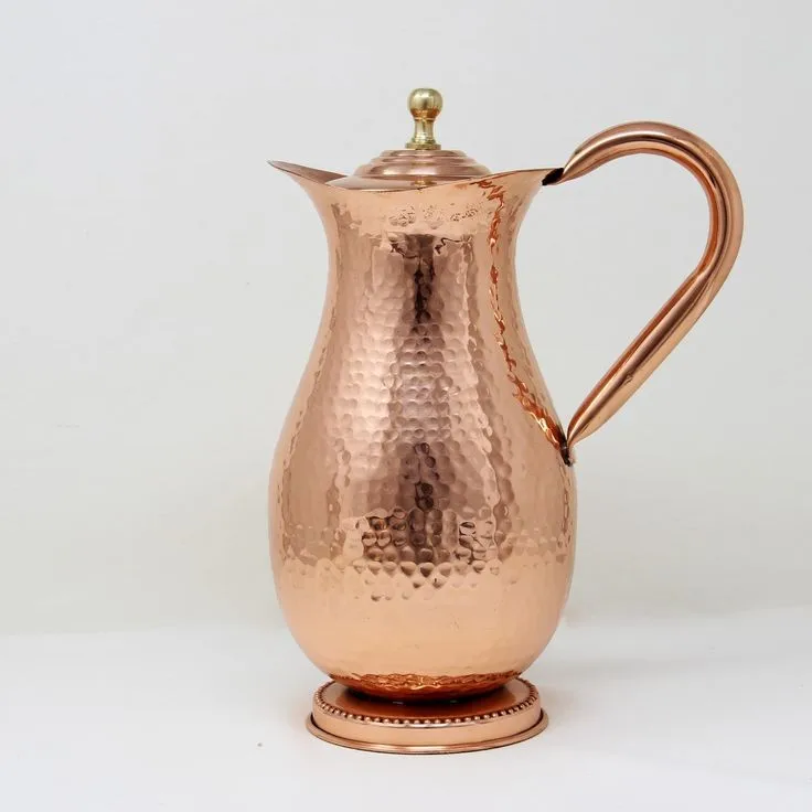 Heavy Gauge 100% Pure Solid Hammered Copper Moscow Mule Water Pitcher Hand Crafted Pure Copper Water Jug With Embossed Design