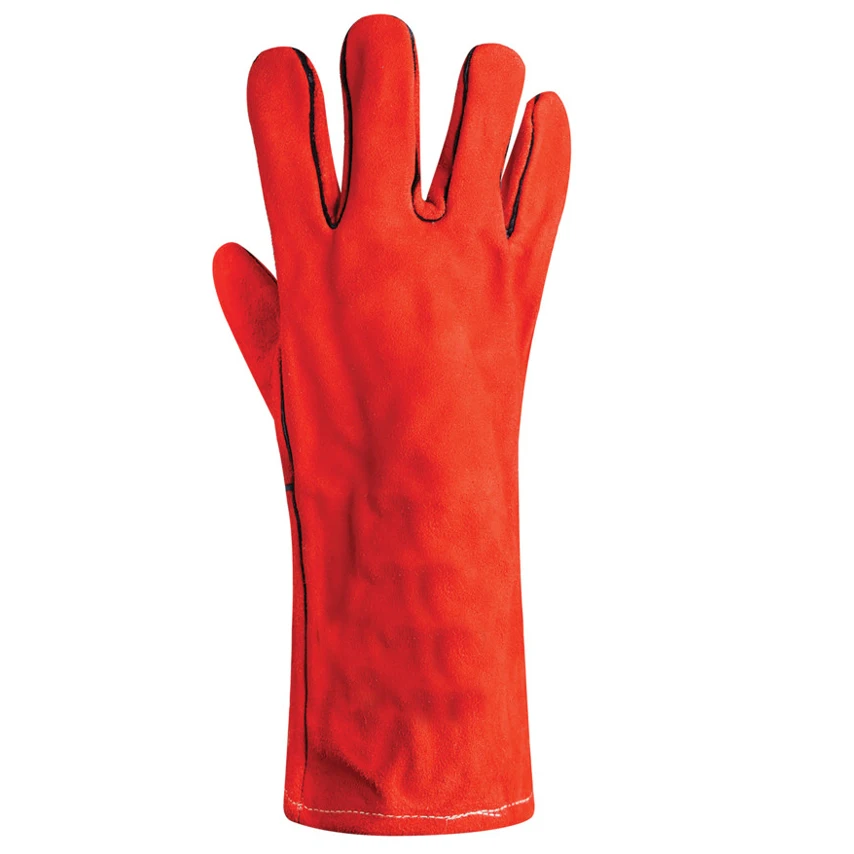 Custom made black piping red welding gloves/Cheap price cow split leather AB grade 14 inch welding gloves wholesale