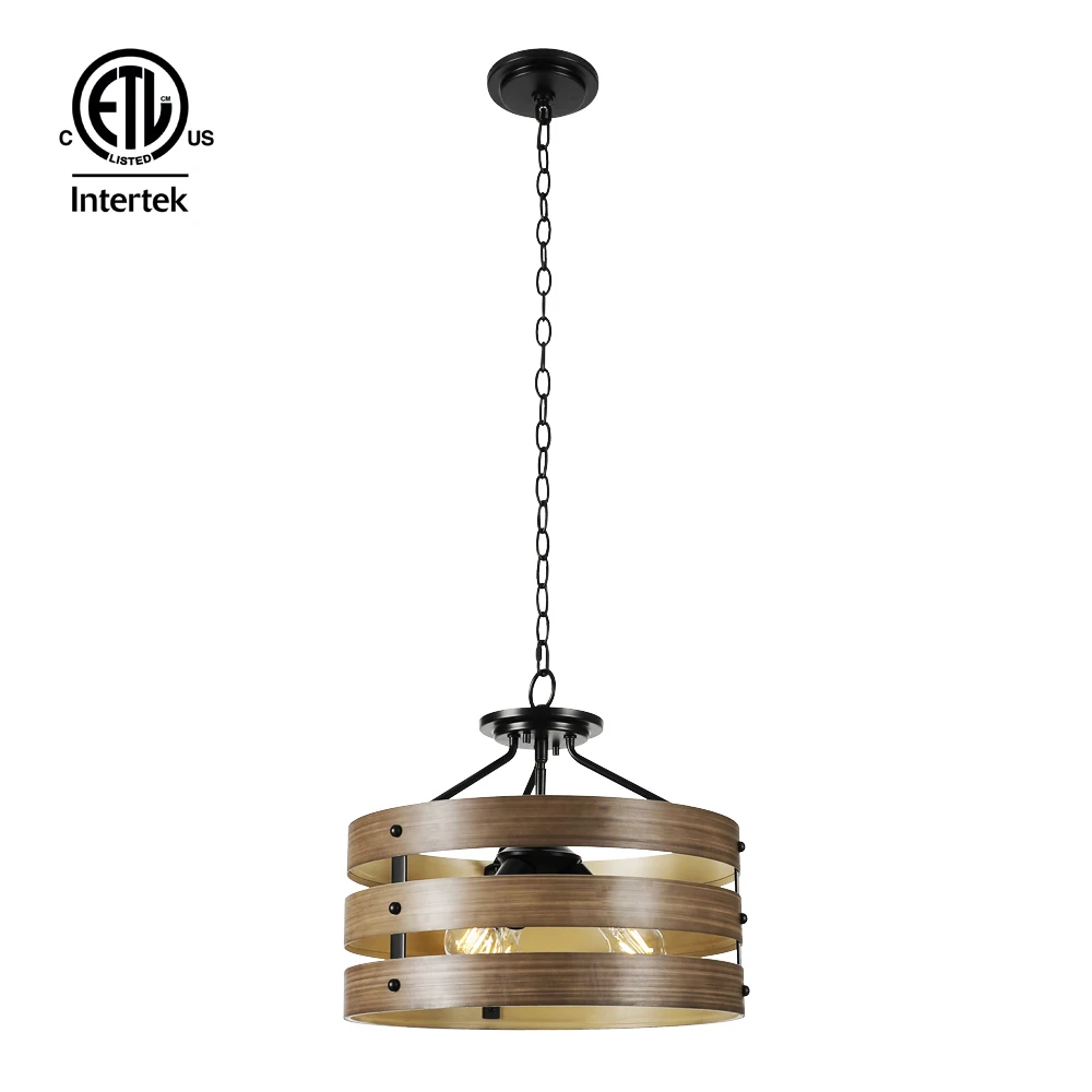Farmhouse Wood Drum Cage Pendant Light Antique 3-Light Hanging Chandelier Fixture For Living Dining Room Kitchen