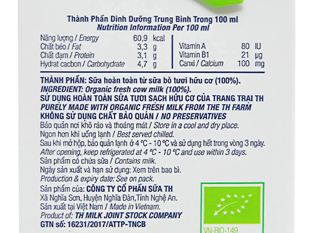 Organic dairy product TH True Milk Organic 500ml Halal, BRC, FSSC, ISO certified high quality products from Vietnam