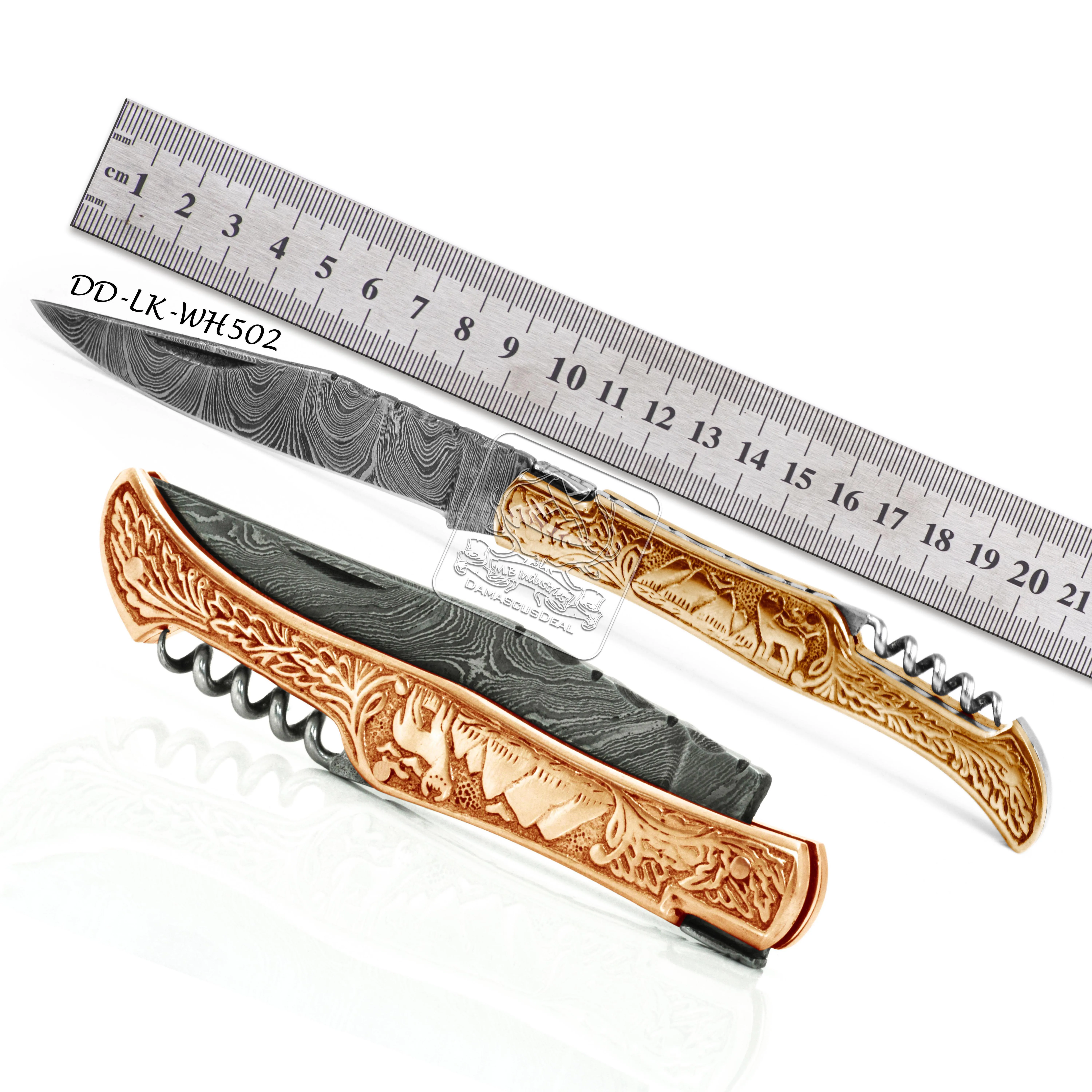 Wholesale Damascus Steel Laguiole Pocket Knife DD-LK-WH502 Engraved Stainless Steel, Brass and Copper Handle with Cow Leather