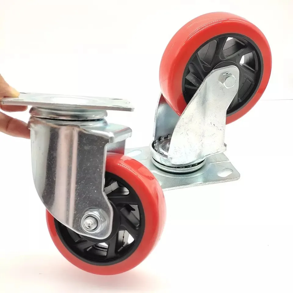 4 Inch Medium Heavy Warehouse Duty Black PP Core Red Polyurethane Revolving Castor Wheels For Trolley