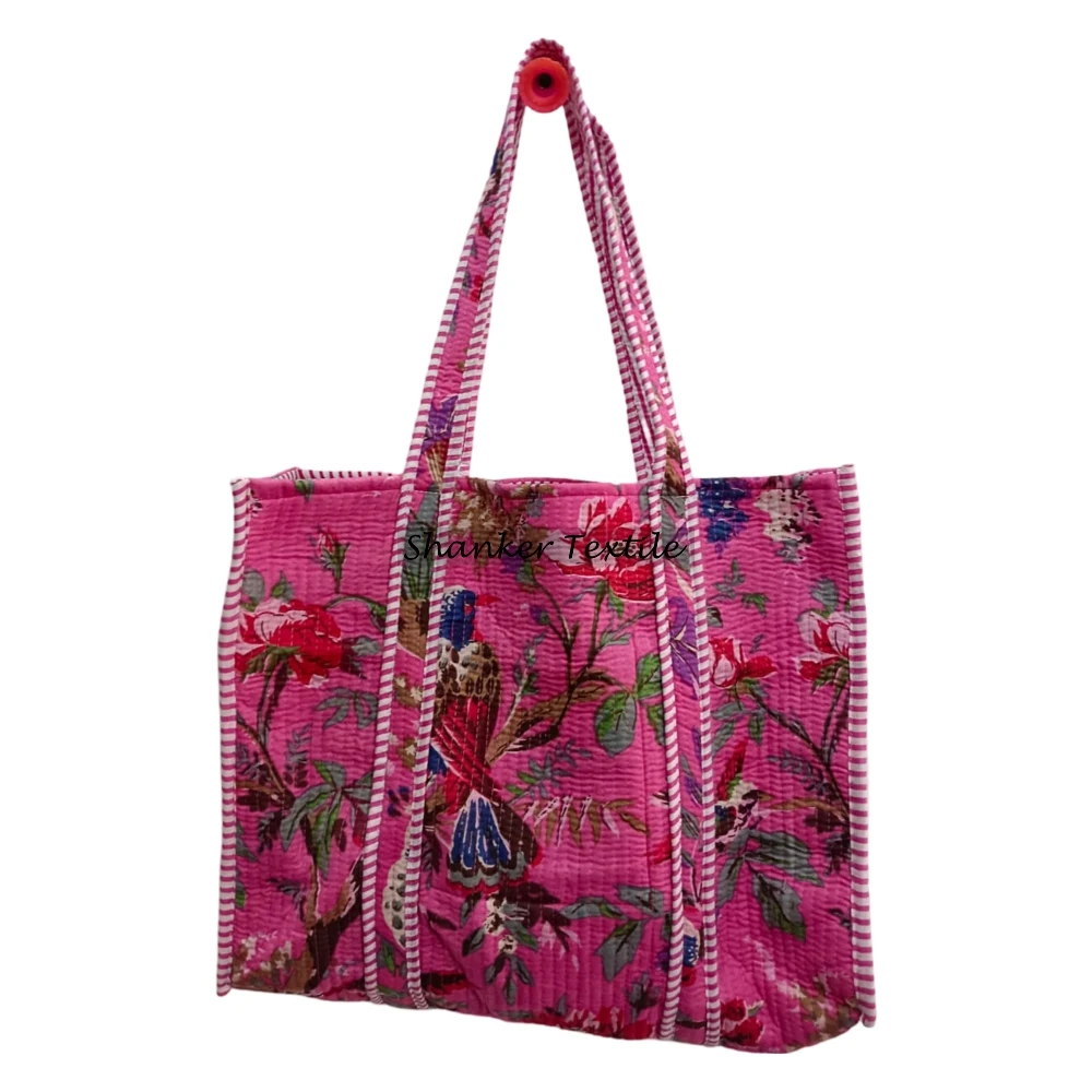 Hand Block Printed Quilted Tote Bag For Women Shopping Shoulder Beach Bag Customized Bag With Inner Pocket