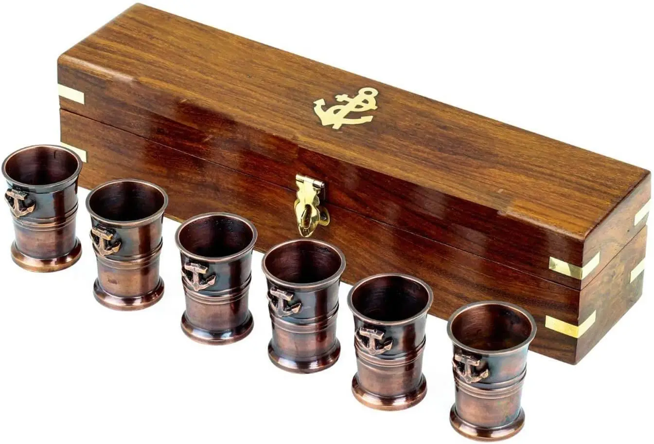 6 Brass Antique Shot Glasses Hotel & Bar Wine Drinking Shot Glasses with Anchor Wooden Box Nautical Beer Glass Set of 6 Bar-Ware