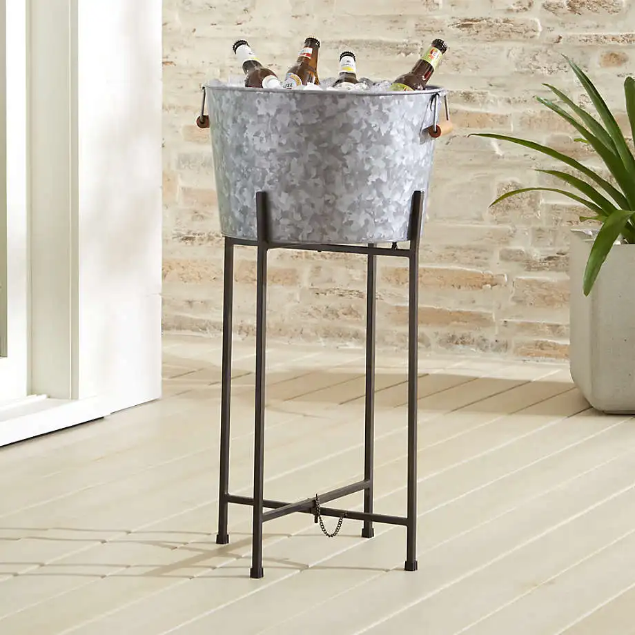 Galvanized Beverage Tub with Black Stand farmhouse Trough Outdoor Planter