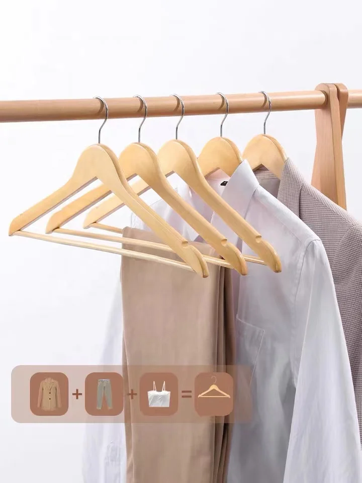 Custom logo Strong Wooden Hangers with Shoulder Grooves Natural wooden hanger 100 Pack hotel hanger