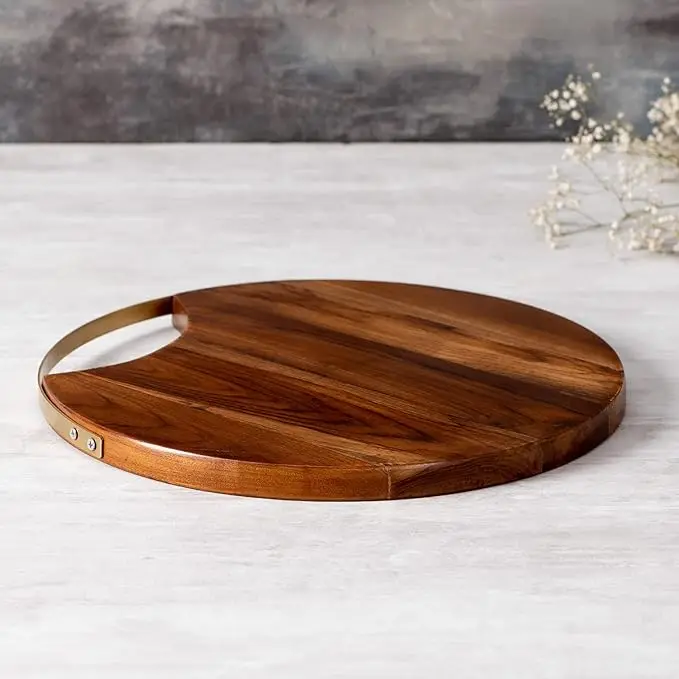 Wooden Platter Serving Plate Sizzler for Snacks Round Platters for Snacks Serving Plates Wooden Tray with Gold Iron Handle