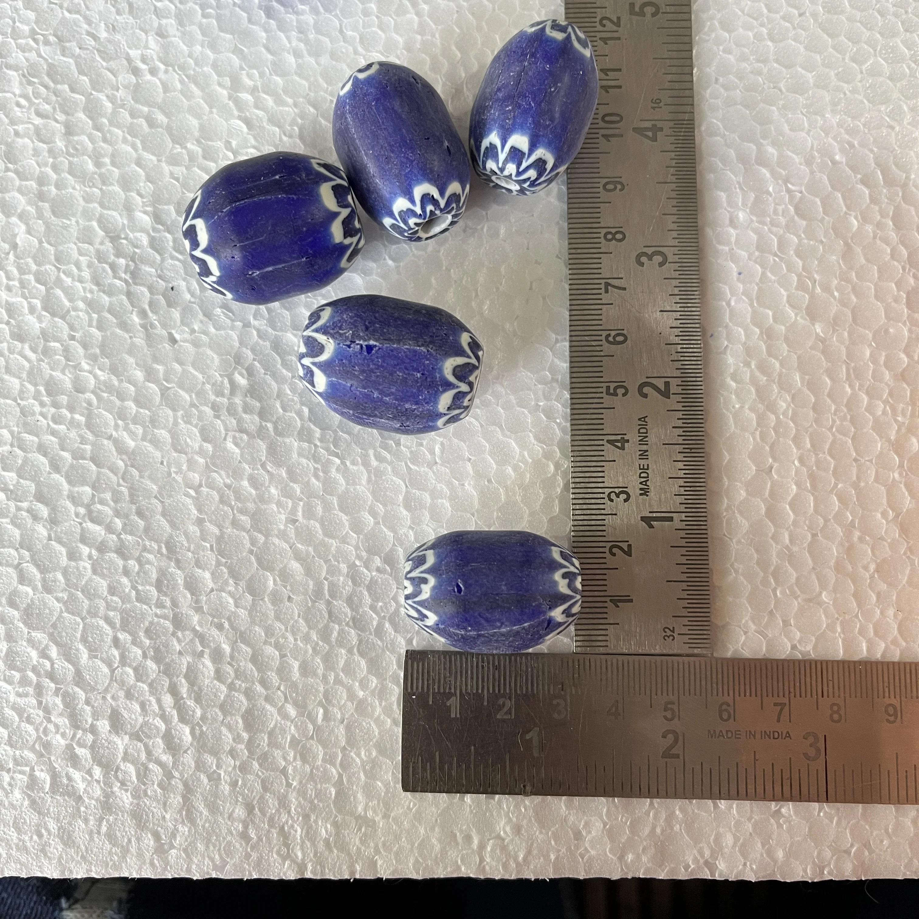 custom made glass striped chevron beads with blue & red coloured stripes idea for resale by bead stores and jewelry designers