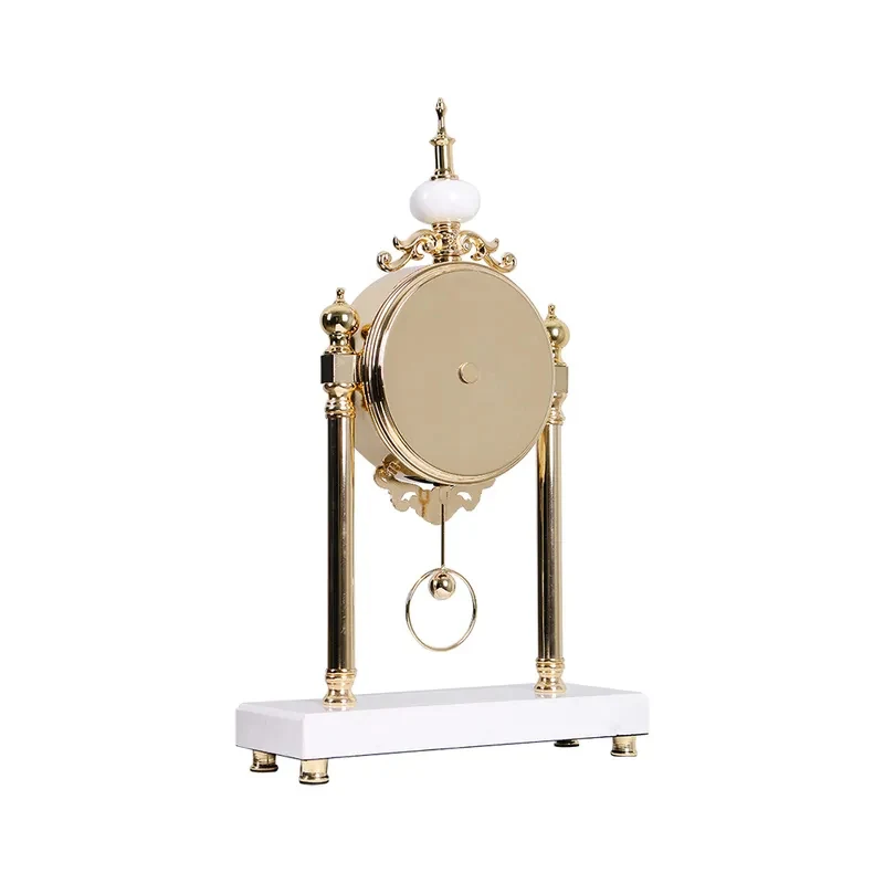 Japandi Traditional Metal Blue Round Mantel & Table Top Clock with Pendulum White Marble Base