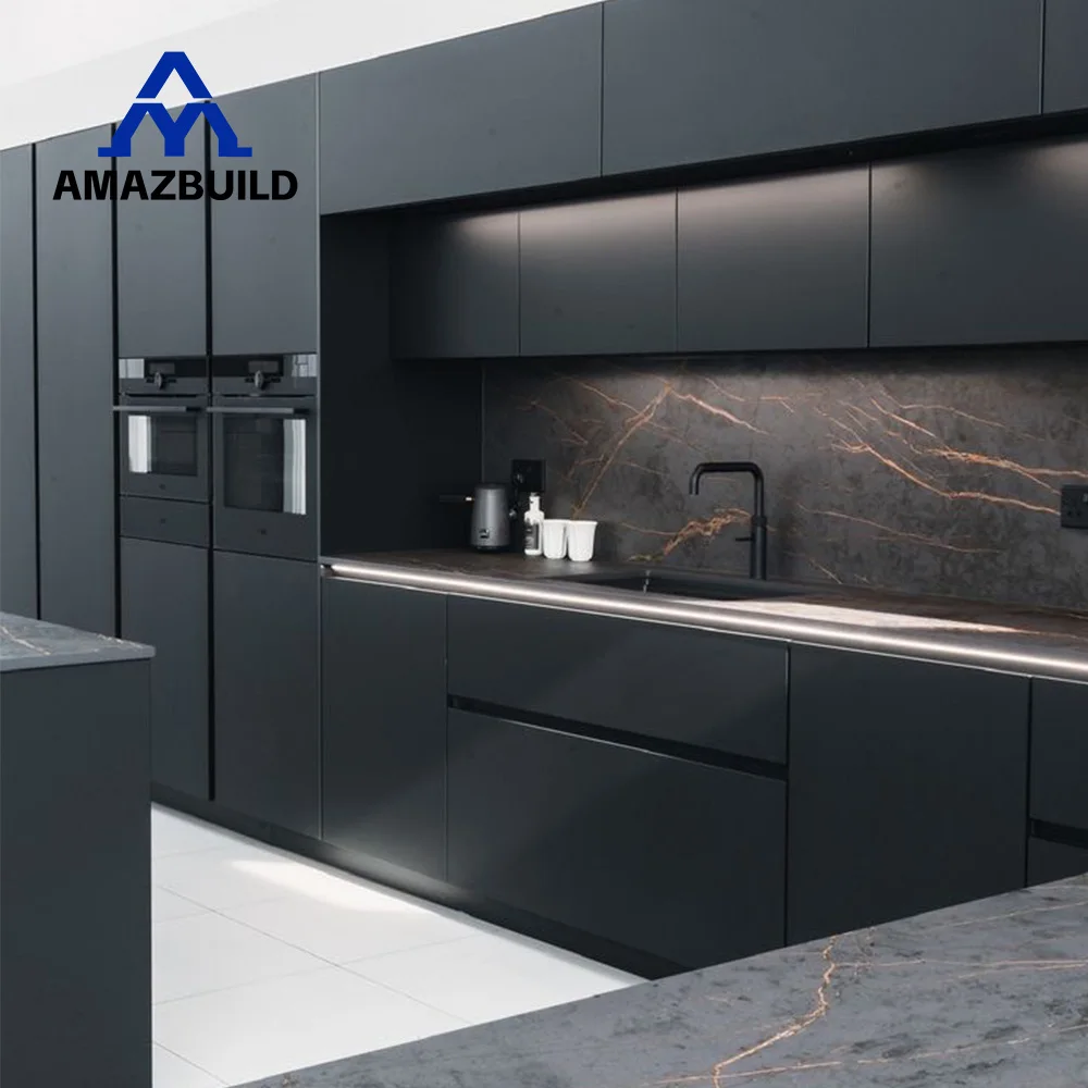 AMAZBUILD Modern American Style Luxury Home Complete Matt Black Wood Kitchen Cabinets