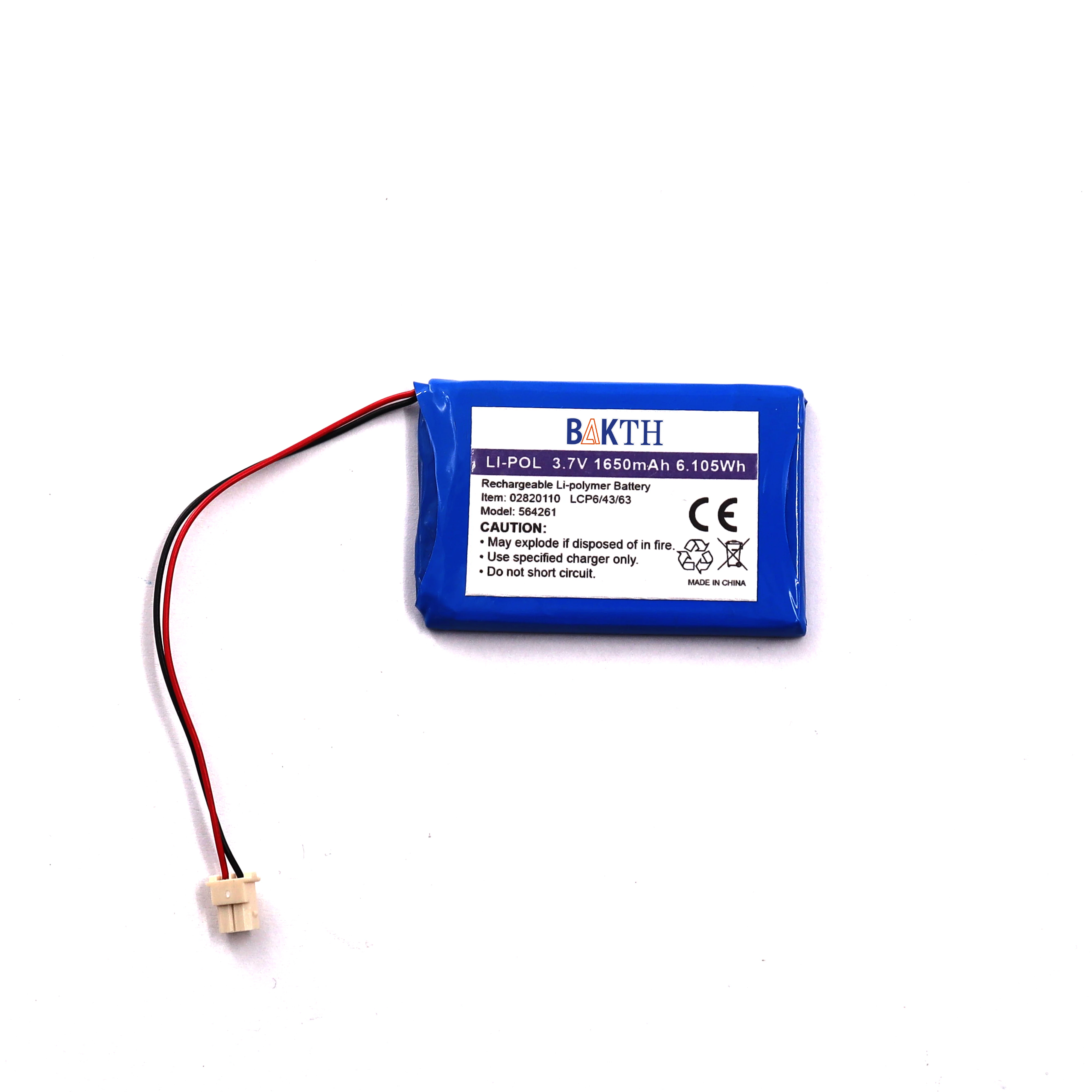 Hot sale custom rechargeable BAKTH-564261-1S1P 3.7V 1650mah lithium pol battery pack