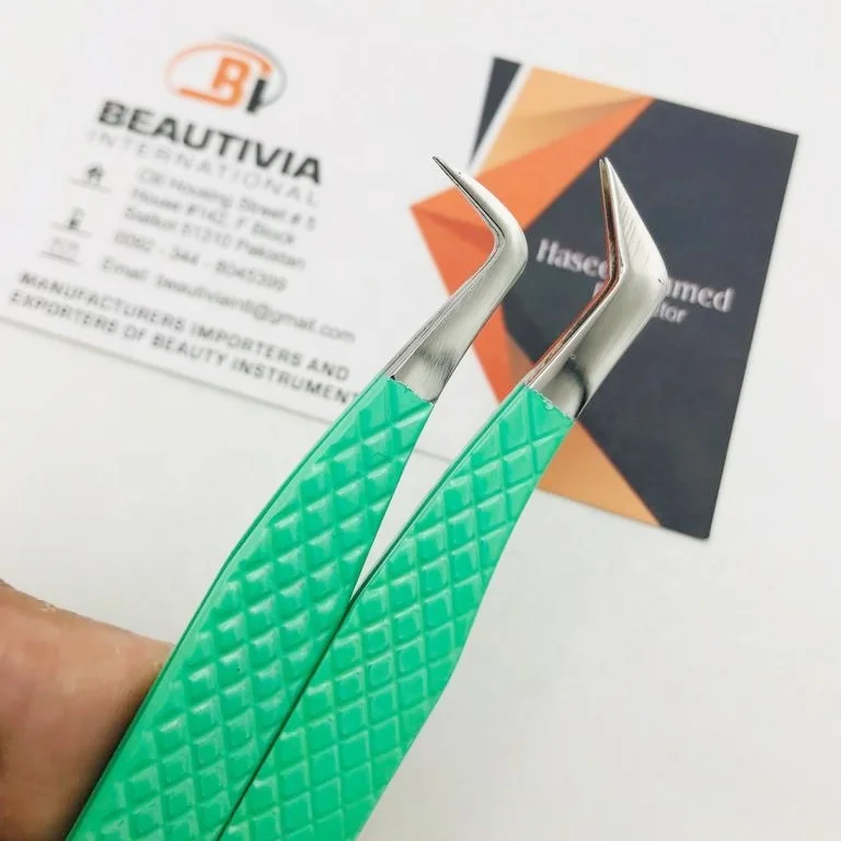 Light Green Color Coated Stainless Steel Eyelash Extension Tweezers With Private Logo