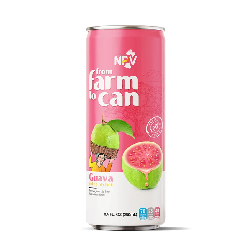 Natural Pure NFC 250ml Can GUAVA JUICE DRINK Flavored Fruit Juice with HALAL ISO Certification Private Label Manufacture
