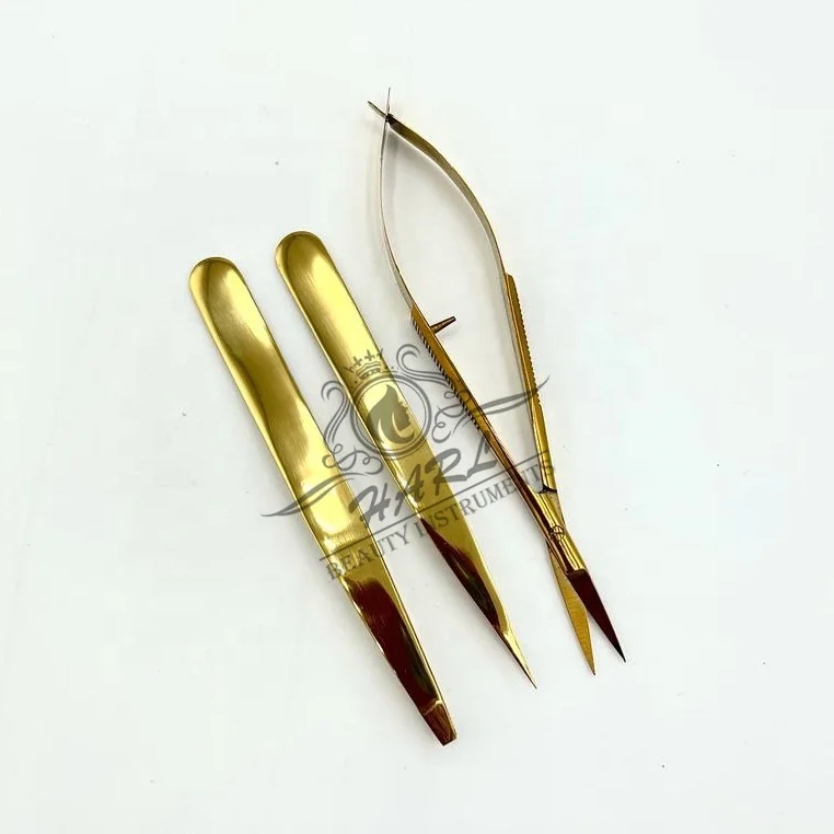 Gold Plasma slanted Eye Brow Tweezers and spring scissor Custom Label pointed eyebrow tweezers and eyelash scissor makeup tools