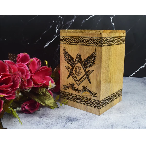 Masonic Symbol Wood Urn Handmade Remembrance Keepsake with glossy finish wooden masonic urn