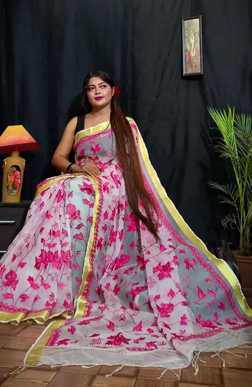 Premium Quality Firoji Color Pure Resham Saree with Embroidery Hot Selling Designer Saree Weddings Best Quality Wholesaler Surat