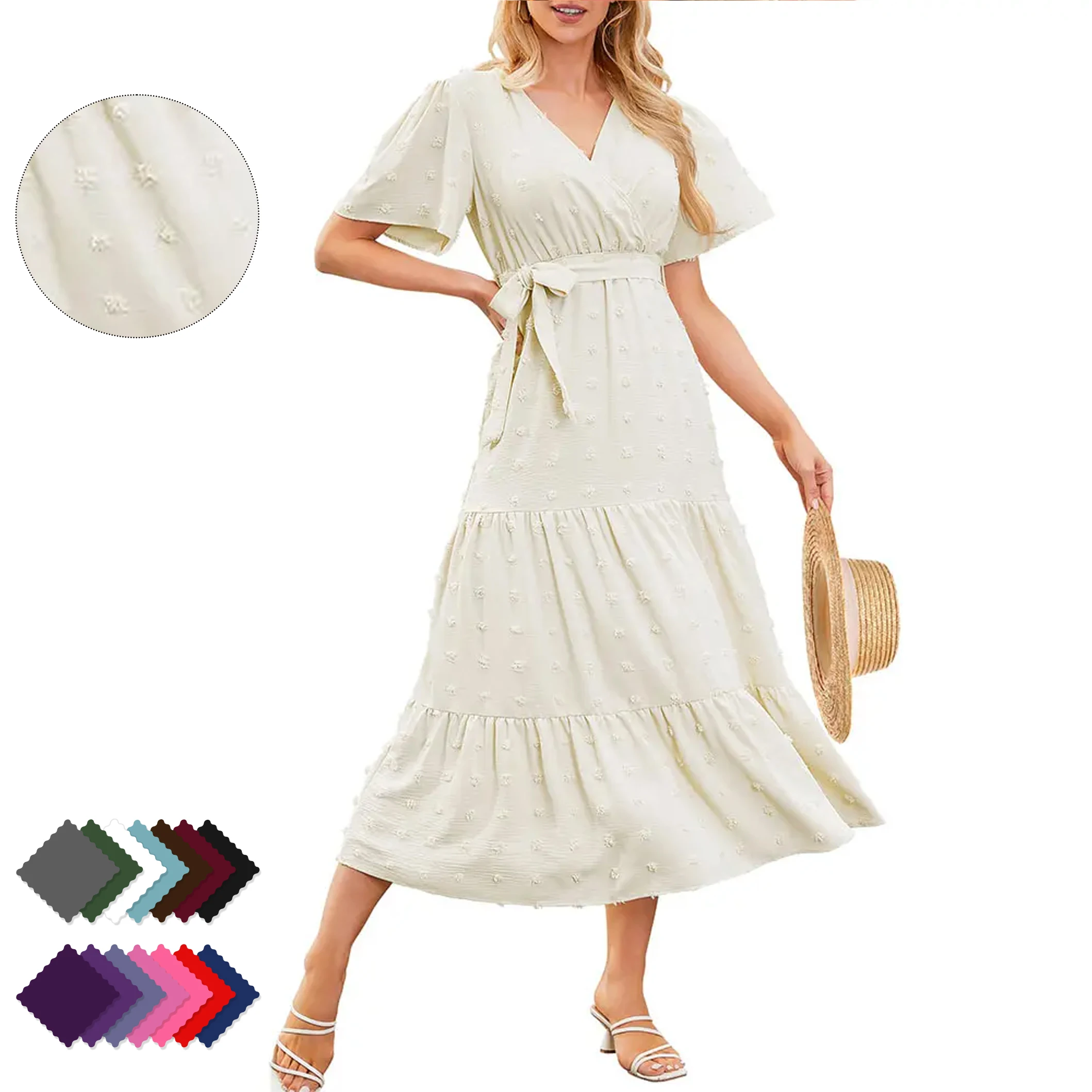Flowy  Boho Long Dress V Neck Short Sleeve Swiss Dot Dresses A Line Smocked Maxi Dresses for Women