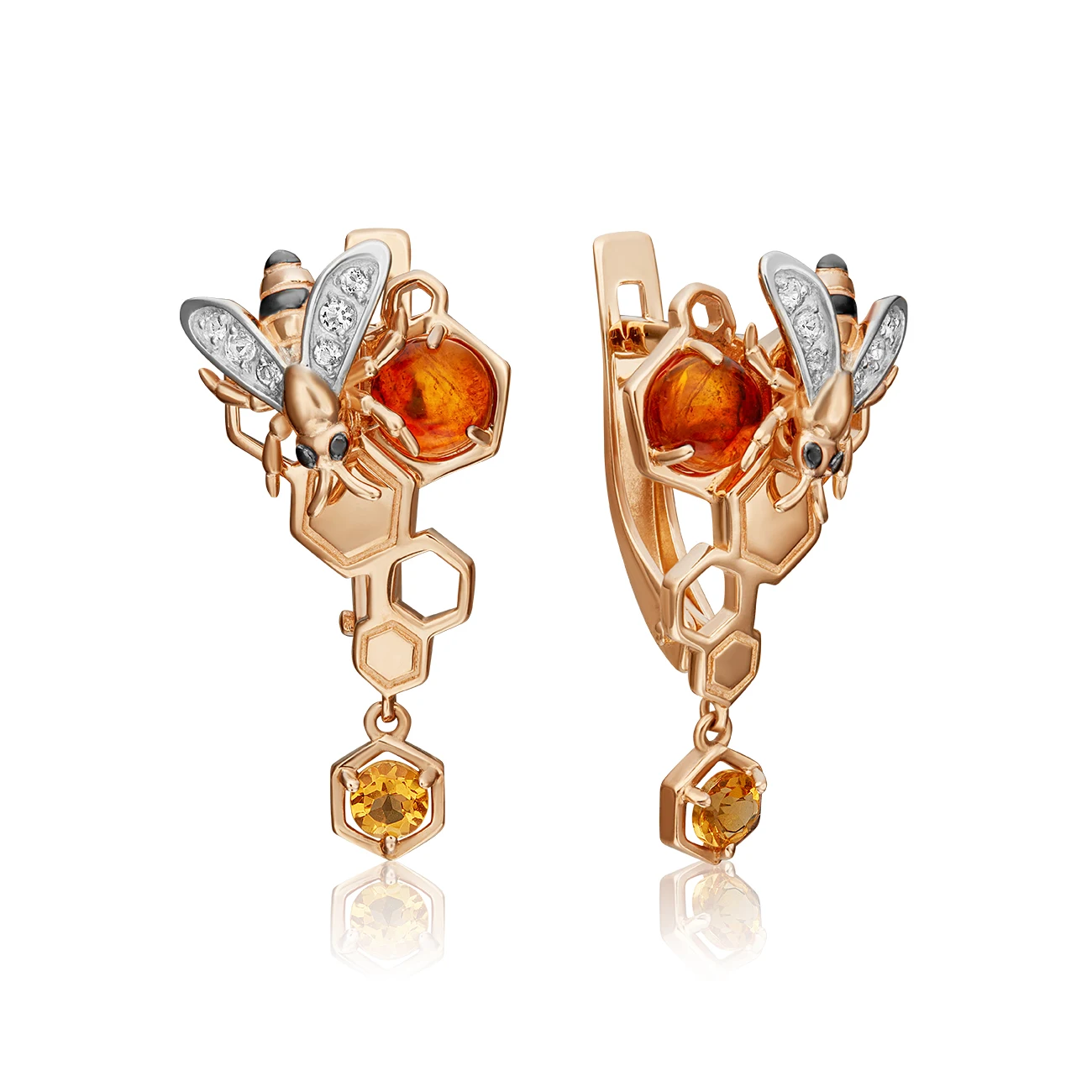 Elegant Jewelry Design Bees on a honeycomb Earrings 14K Solid Rose Yellow White Gold  Amber Citrine Topaz White  Custom  2022