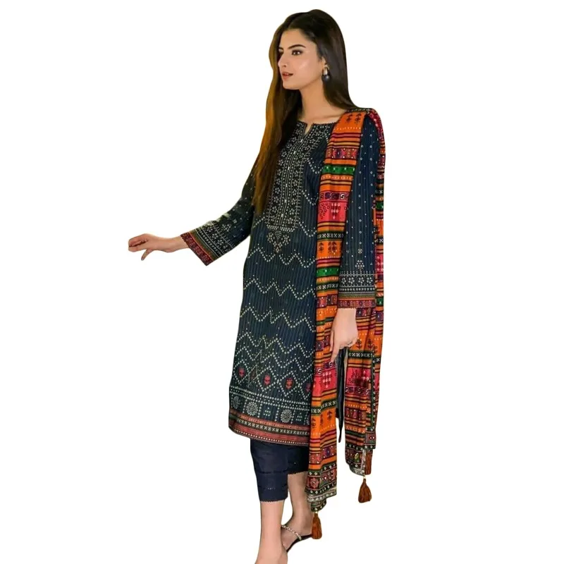Pakistani wholesale Stitched Linen salwar kameez in Black color over Sequence Neckline Embroidery with Dhanak Dupatta for women