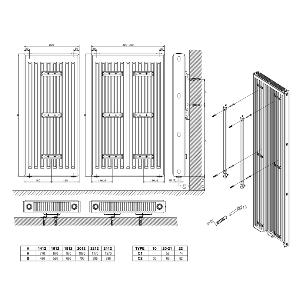 Made in Italy hydraulic decorative radiator 160x40 cm center distance 50 mm Model The Kiss of Hayez