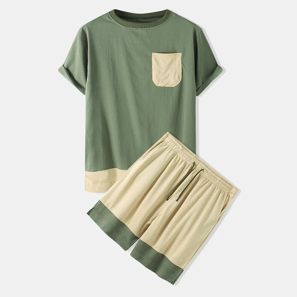 Men Cotton Smile Face Pattern Slogan Print Patchwork Elastic Waist Loungewear Sets Wholesale