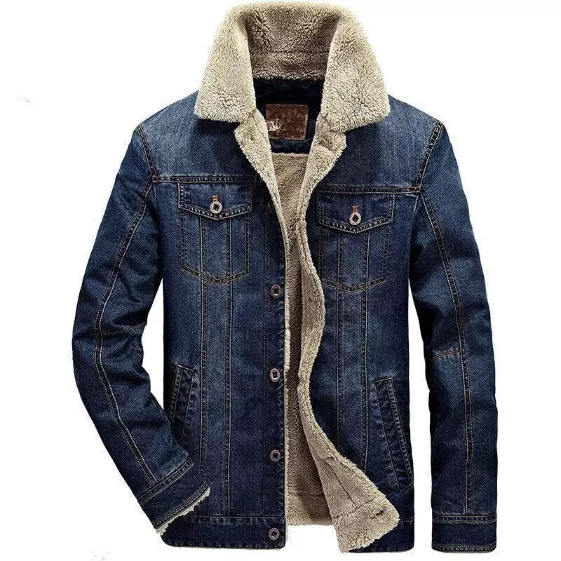 Denim Jacket Mens Warm Thicken Fleece Fur Collar Jeans Coats Men Casual Hip Hop Cowboy Jackets