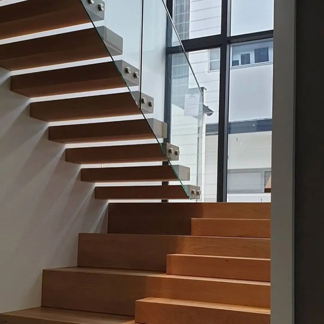 Modern LED wooden stairs stringer staircase wood treads stairs with glass