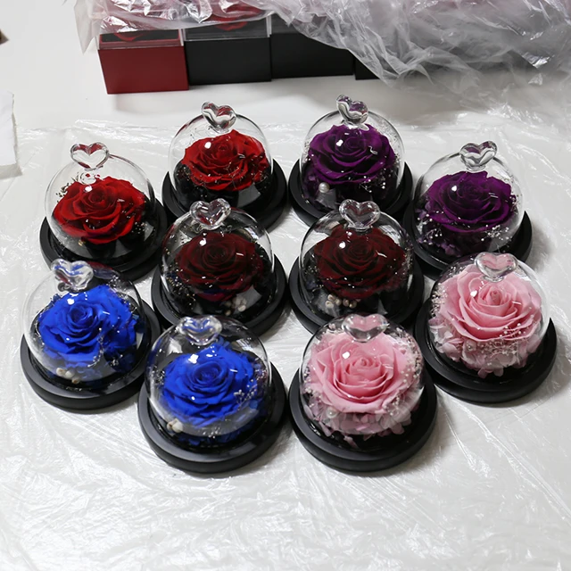 Preserved roses handmade forever rose flower in glass dome with gift box for home decor