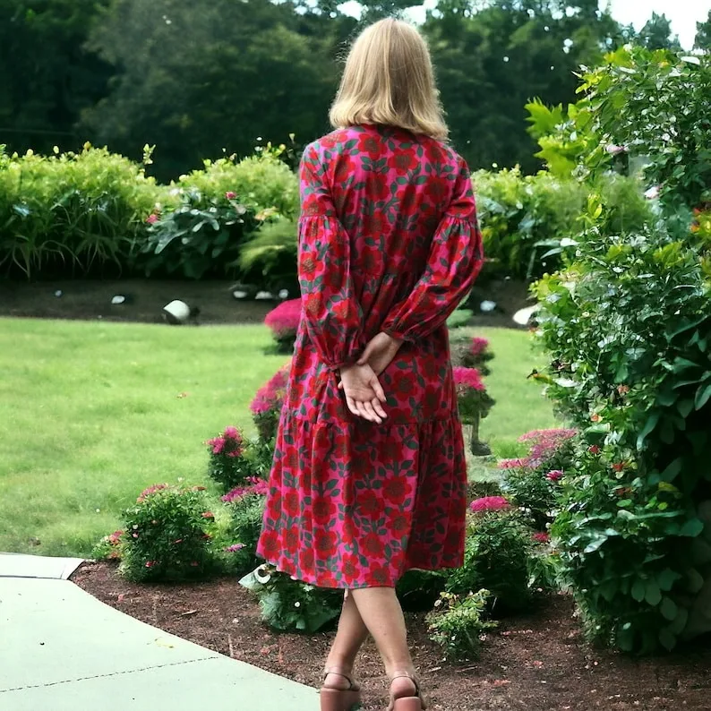 Indian Ethnic Floral Cotton Maxi Dress Bohemian Style with Hand Block Print and Long Bell Sleeves Casual Dresses for Women