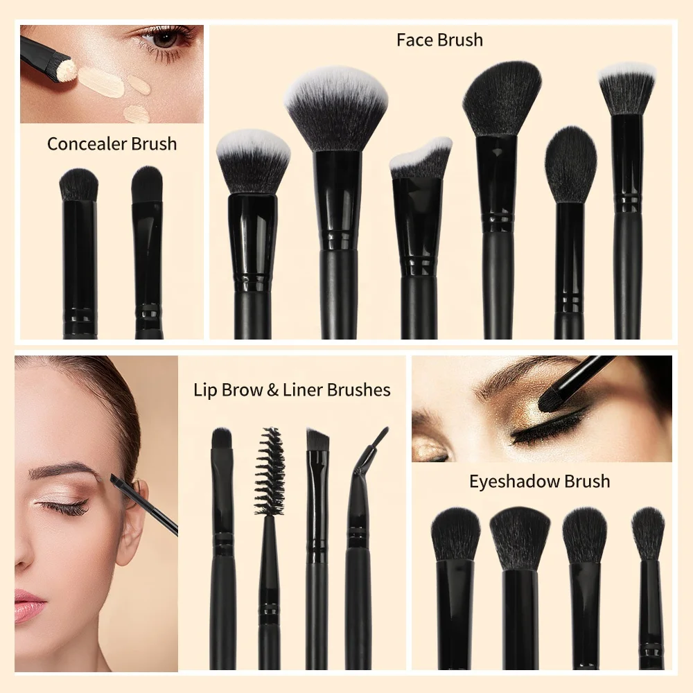 15 Pieces Black Matte Custom Logo Make Up Foundation Soft Vegan Private Label High Quality Make Up Brush Set