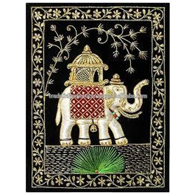 Indian Embroidered Zardosi Wall Decorative Jewel Carpet with Precious Stones and Golden Wires