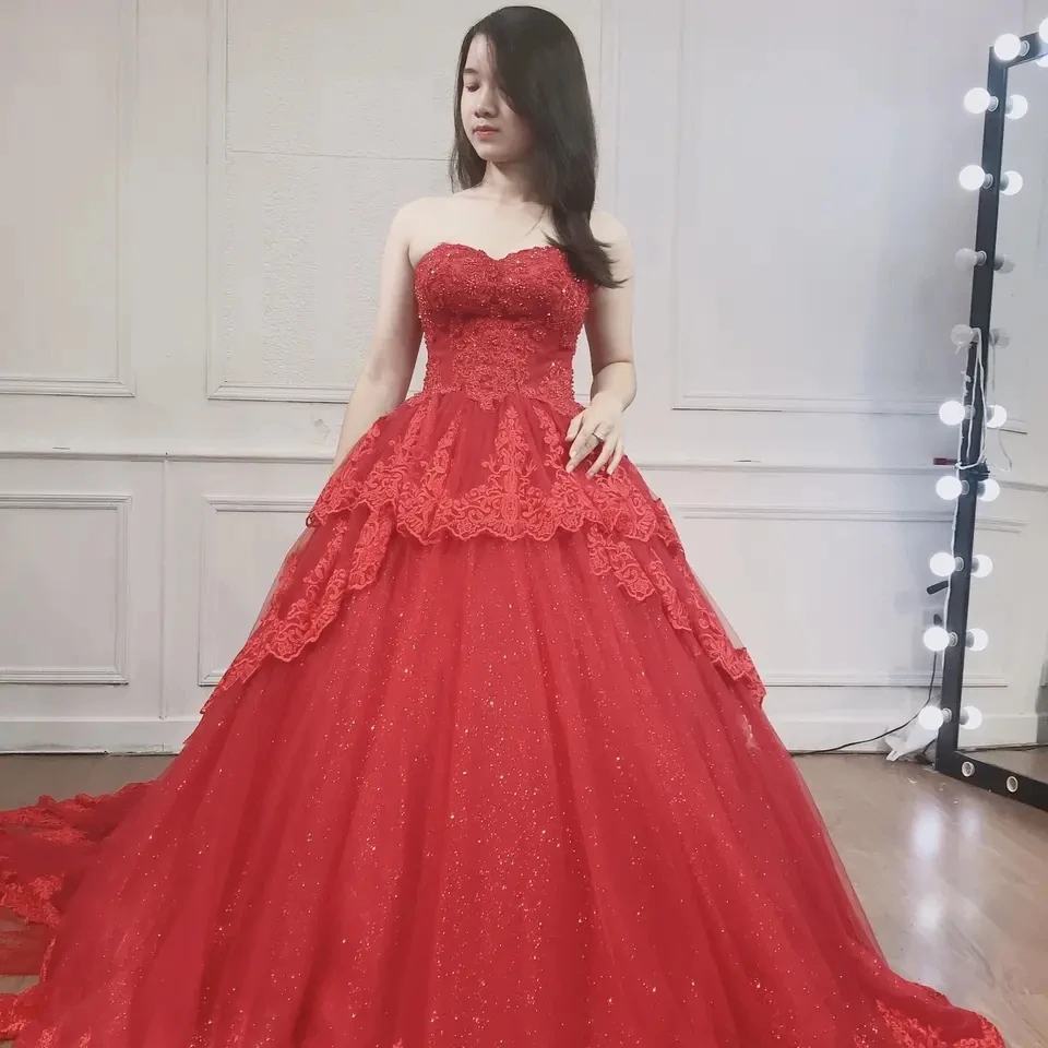 High Quality wedding dress wholesale ball gown off-shouder flowers lace beads add beading red color  TNBP50