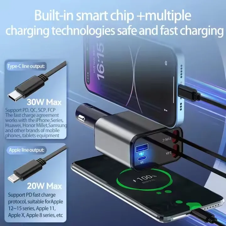 Trend Products 4 In 1 Retractable Fast Car Charger For Phone And Type C Retractable Cables And 2 Charging Ports Charger