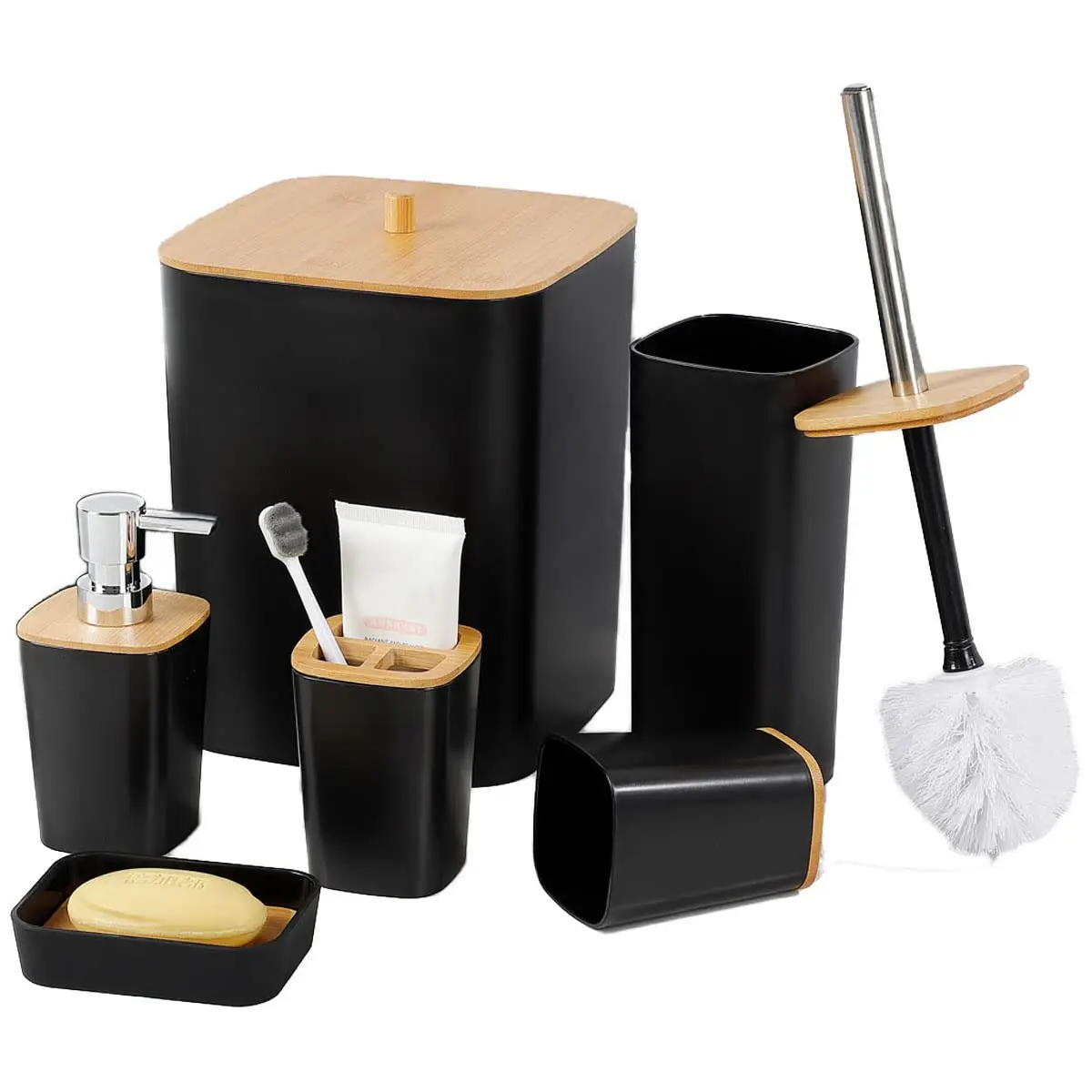 6 PCS Bamboo Bathroom Accessories Set Luxury Modern Bathroom Accessories Bath Set Black Toilet Accessories with Trash