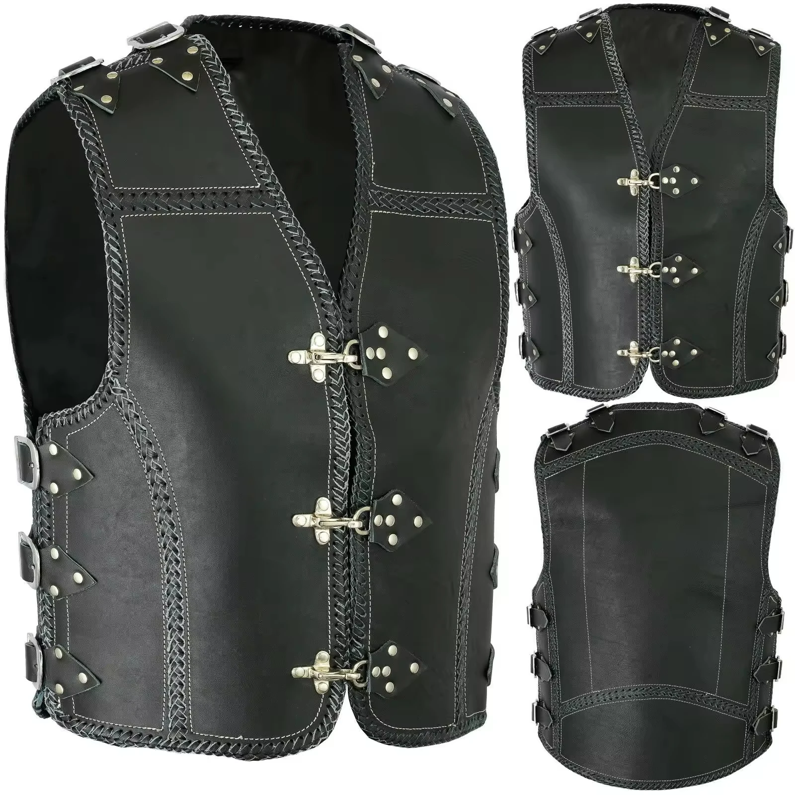OEM Custom Design High Quality Embroidery Top Grade Thick Cowhide Leather Vest Fully lined with leather Motorbike Leather vests