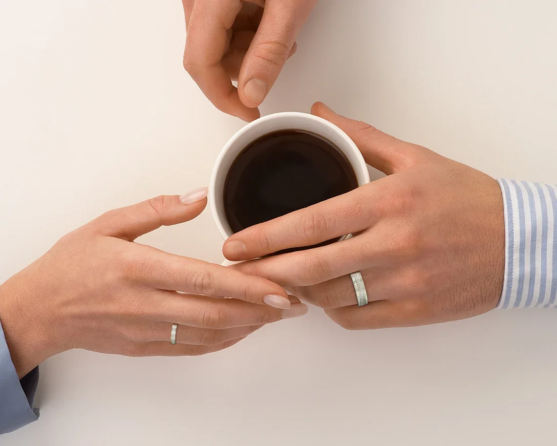 925 Sterling Silver Textured White Gold Diamond Studded Matching Wedding Bands for His and Hers at Best Prices