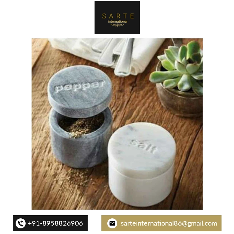 Luxury Marble Pinch Pot and Spoons Set Marble Seasoning Storage Jars Wooden Base Salt Spice Jar from Indian Supplier