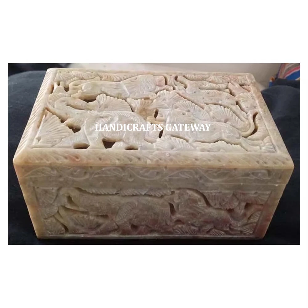 Indian Best Design And Rectangular Shape Natural Soapstone Carving Elephant Design Jewelry Box For Business Gifts In Low Price