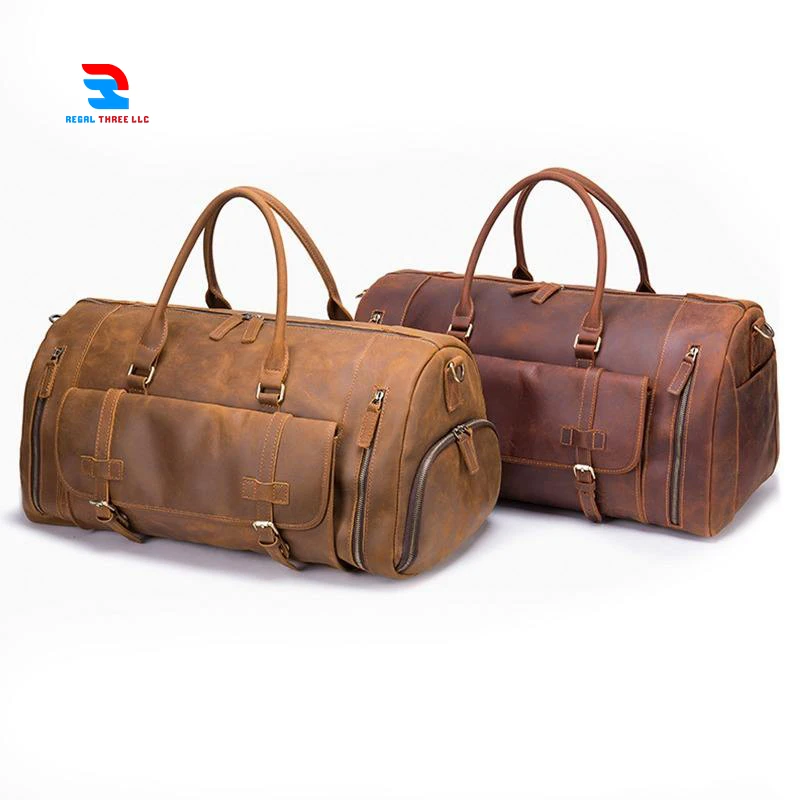 Custom Genuine Leather Camping Hiking Duffel Bag | Multi Functional Genuine Leather Duffel Bags with Shoes Case Zippered