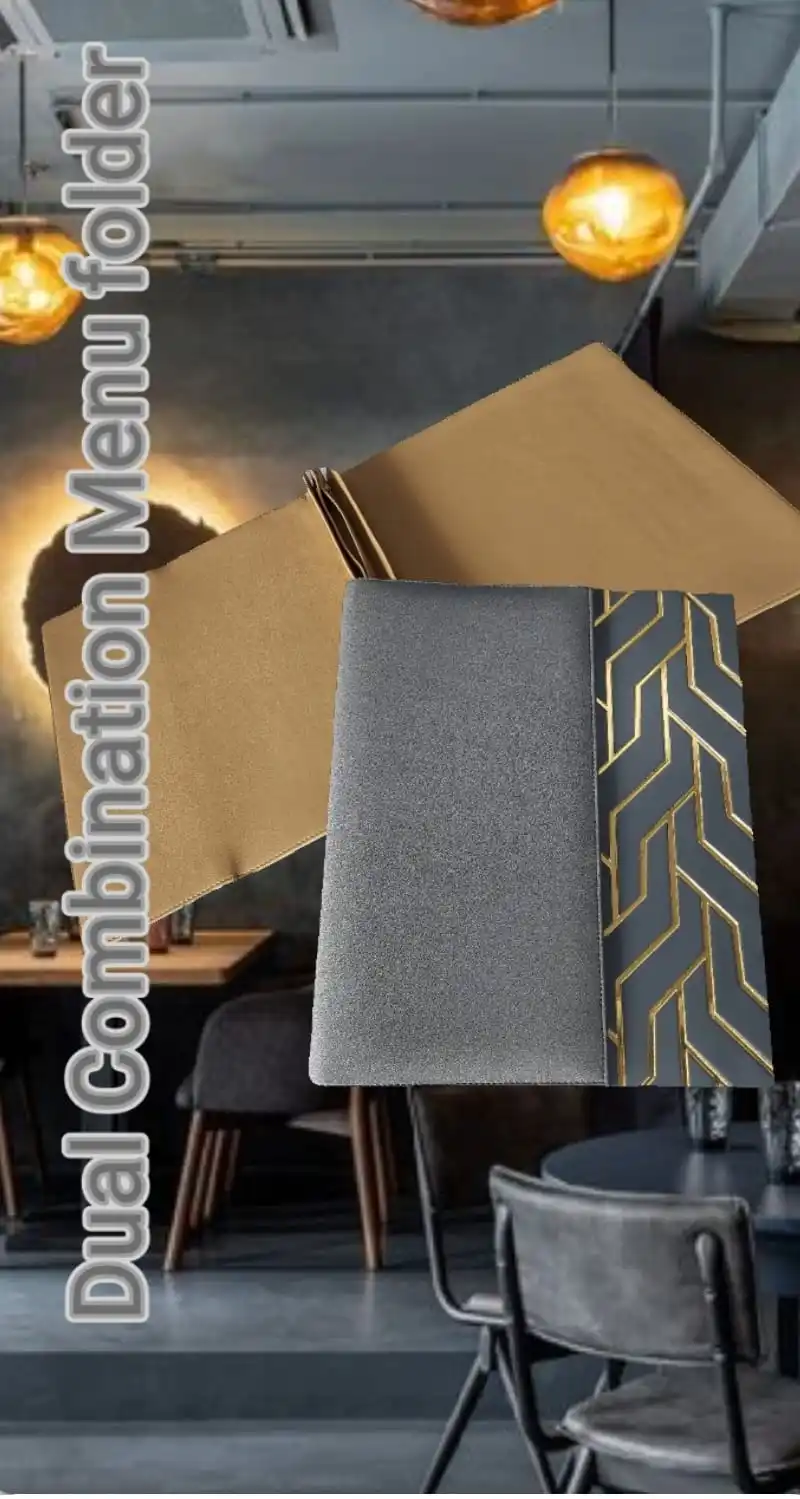 Wholesale Custom A4 Modern Vegan Leather Dessert Menu Folders Grey with Wood Panel PU Material for Hotels and Restaurants